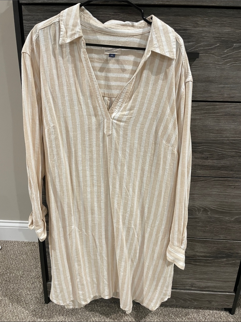 Women’s Neutral Beige & White Striped Casual Linen Dress
